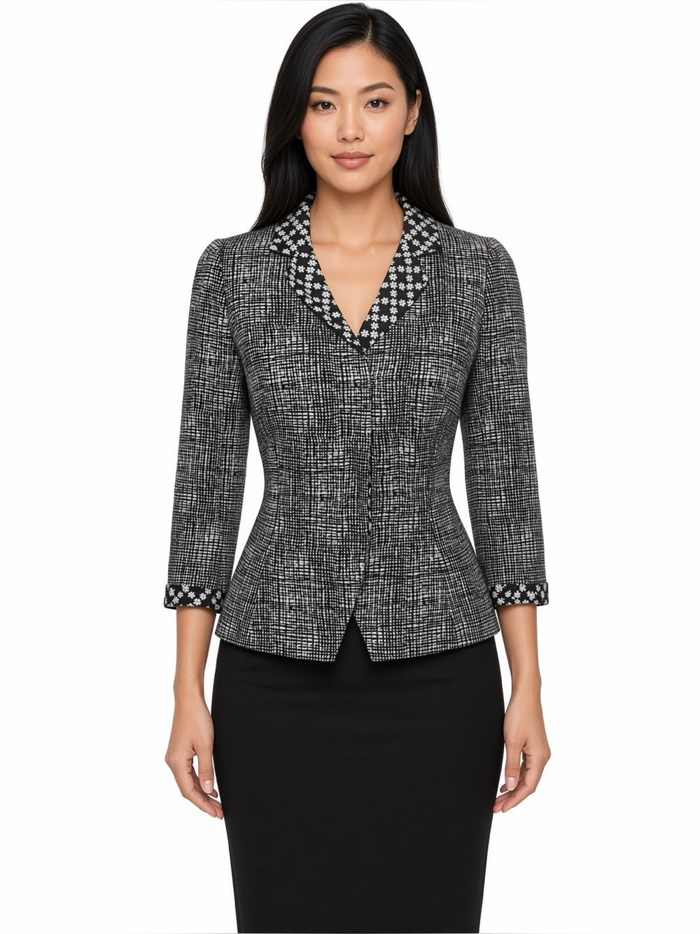 Andrew Gn Knit Black & White Blazer with Floral Trim and Lining Size 36